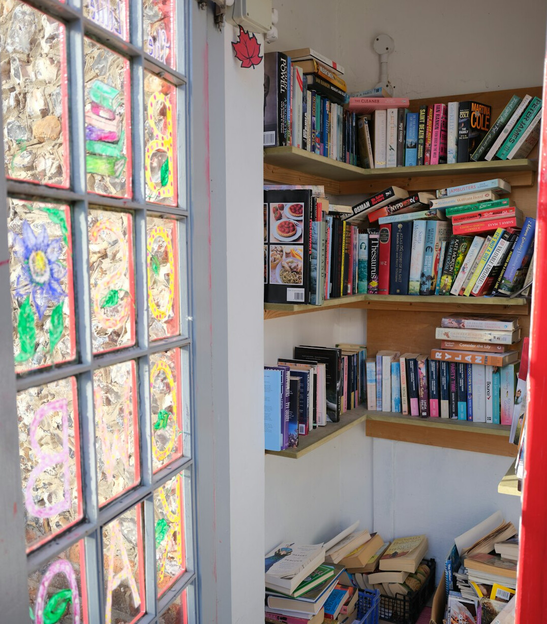 Tall library shelves filled with books