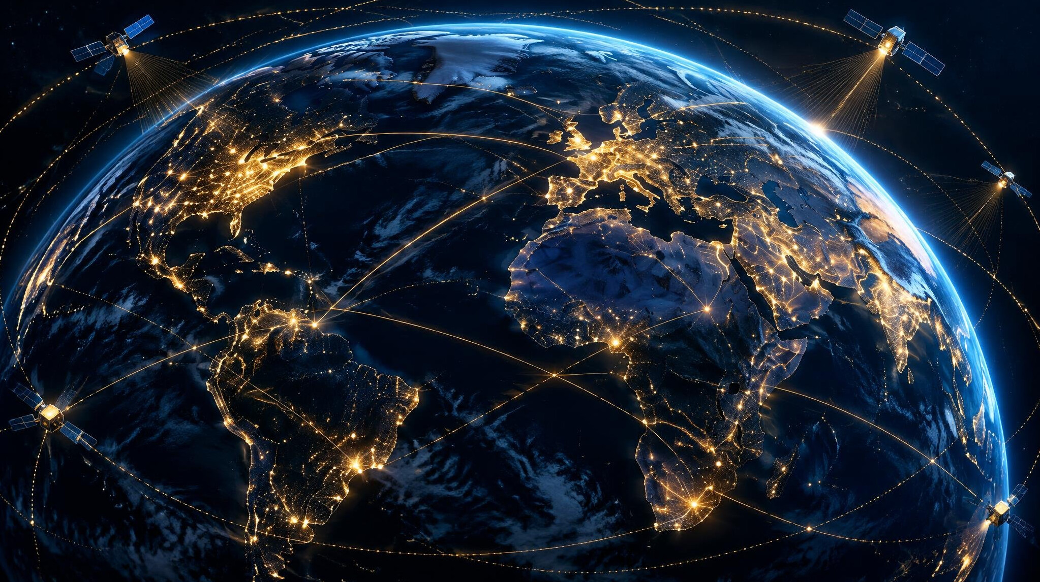 Planet Earth at night with glowing network connections