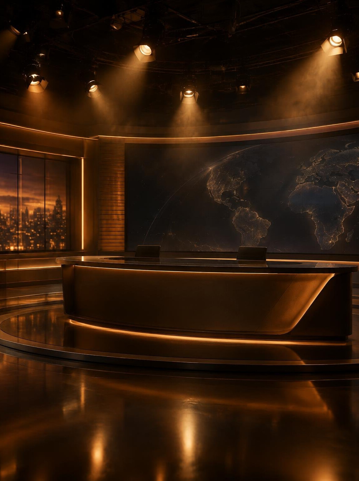 Empty television studio with dramatic stage lighting